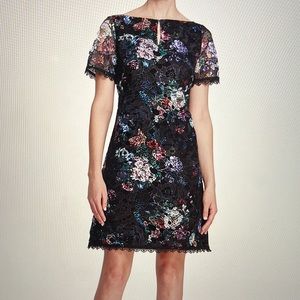 Marchesa Notte Floral-Print Short -Sleeve Dress